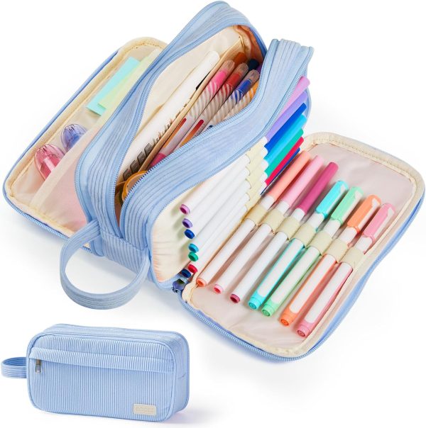 Sooez High Capacity Pencil Case, Soft Corduroy Pencil Pouch with 4 Compartments, Multiple Pockets, Large Pencil Bag with Sturdy Zipper, Cute Pencil Case Pouch Organizer for Student Teen Girls, Blue